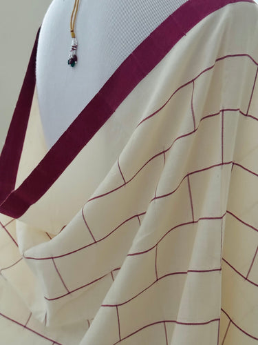 ShopNaya Exclusive | Handwoven | Contemporary Pure Cotton Saree | No Blouse | Off-White & Red | Handloom Mark | Ships from California